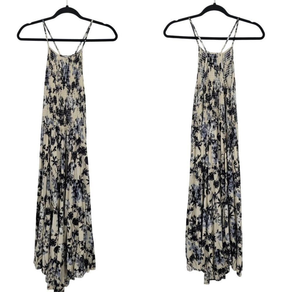 Lira Floral Cami Smocked Racerback Midi Dress Sz S Navy White Strappy Beach Boho
